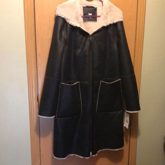 DKNY faux fur long lined zip up hooded jacket size large NWT - Picture 1 of 12